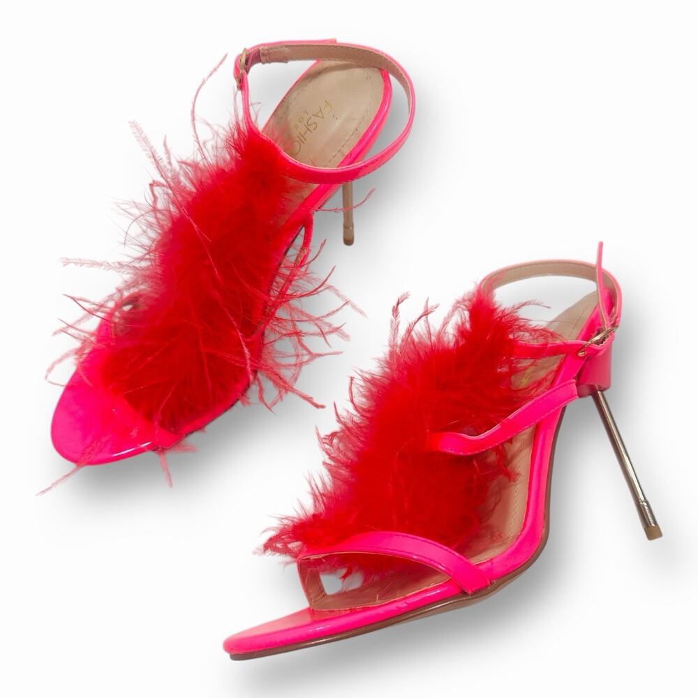 Fashion Nova Neon Pink Feather 4" Heels Strappy Stiletto Sandals 8.5 Glam